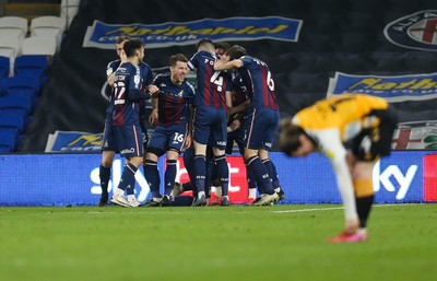 090321 Newport County v Bradford City, Sky Bet League 2 - Bradford players celebrate with Andy Cook after he scores goal