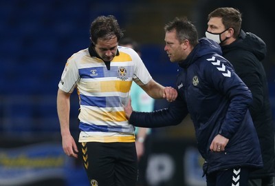 090321 Newport County v Bradford City, Sky Bet League 2 - Matty Dolan of Newport County speaks with Newport County manager Michael Flynn after he scores goal