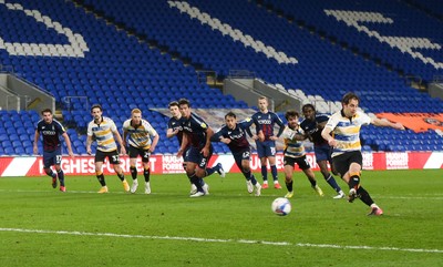 090321 Newport County v Bradford City, Sky Bet League 2 - Matty Dolan of Newport County scores the winning goal from the penalty spot with the final kick of the match