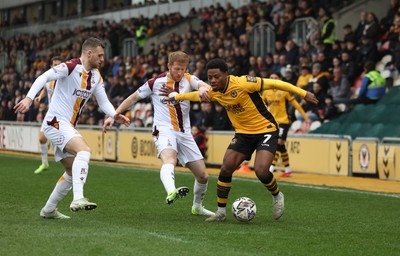 150225  Newport County v Bradford City, EFL Sky Bet League 2 - Bobby Kamwa of Newport County looks to cross the ball