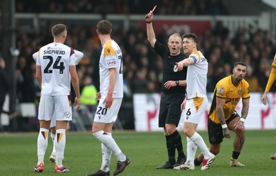 150225  Newport County v Bradford City, EFL Sky Bet League 2 - Jack Shepherd of Bradford City, is shown a red card by referee Andrew Humphries after he brings down Courtney Baker-Richardson of Newport County