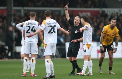 150225  Newport County v Bradford City, EFL Sky Bet League 2 - Jack Shepherd of Bradford City, is shown a red card by referee Andrew Humphries after he brings down Courtney Baker-Richardson of Newport County