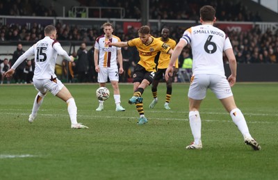 150225  Newport County v Bradford City, EFL Sky Bet League 2 - Matthew Baker of Newport County hits the post with his shot at goal