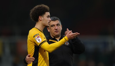 150225  Newport County v Bradford City, EFL Sky Bet League 2 - Newport County head coach Nelson Jardim with Josh Martin of Newport County at the end of the match