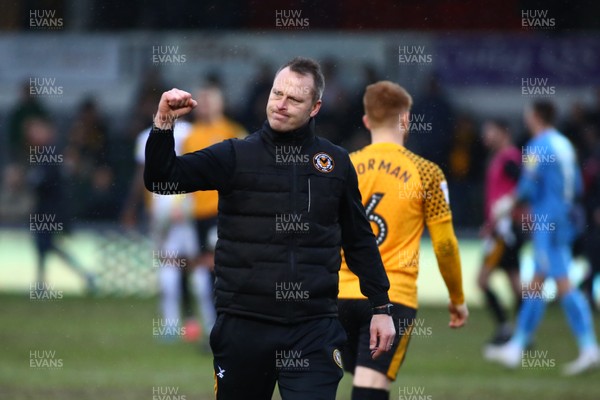 220220 - Newport County vs Bradford City - Sky Bet League 2 - Manager of Newport County Michael Flynn salutes the crowd after the final whistle