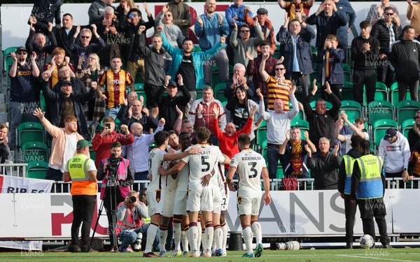 230923 - Newport County v Bradford City, EFL Sky Bet League 2 - Andy Cook of Bradford City celebrates in front of the travelling fans after scoring the 4th goal