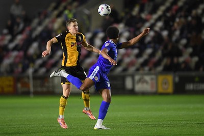 170326 - Newport County v Bromley - Sky Bet League 2 - Sven Sprangler of Newport County is challenged by William Hondermarck of Bromley
