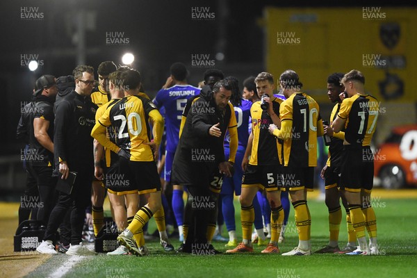 170326 - Newport County v Bromley - Sky Bet League 2 - Newport County Head Coach, Christian Fuchs speaks to his players during a water break
