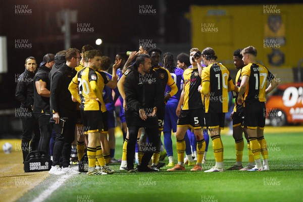 170326 - Newport County v Bromley - Sky Bet League 2 - Newport County Head Coach, Christian Fuchs speaks to his players during a water break