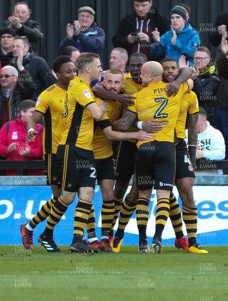 031217 - Newport County v Cambridge United, FA Cup Second Round - Joss Labadie of Newport County celebrates with team mates after he scores goal