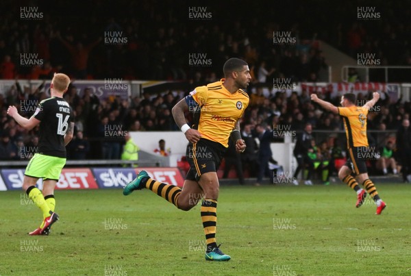 031217 - Newport County v Cambridge United, FA Cup Second Round - Joss Labadie of Newport County wheels away t celebrate after scoring the second goal