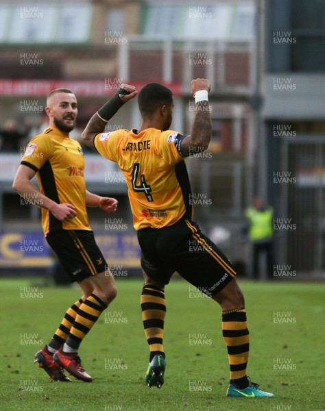 031217 - Newport County v Cambridge United, FA Cup Second Round - Joss Labadie of Newport County wheels away t celebrate after scoring the second goal