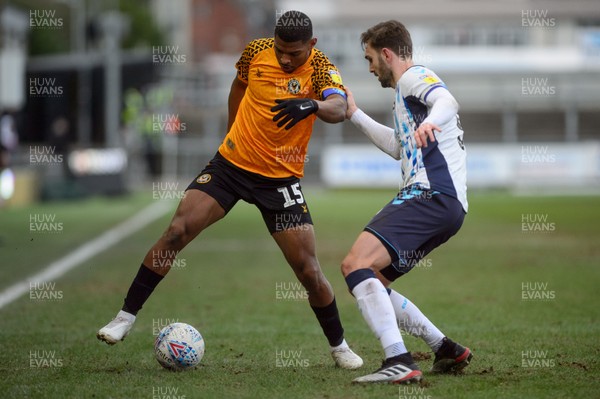 080220 - Newport County v Cambridge United - Sky Bet League 2 -  Tristan Abrahams of Newport County holds off Greg Taylor of Cambridge United 