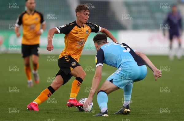 150920 - Newport County v Cambridge United - Carabao Cup - Scott Twine of Newport County is challenged by Jack Iredale of Cambridge United