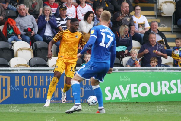 051019 - Newport County v Carlisle United - Sky Bet League 2 - Jamille Matt of Newport County is closed down by Byron Webster of Carlisle United 