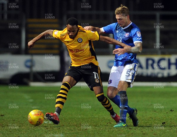 091217 - Newport County v Carlisle United Sky Bet League 2 -  Newport County's Lamar Reynolds holds off the challenge of Gary Liddle 