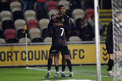 110225 - Newport County v Carlisle United - Sky Bet League 2 - Kyle Hudlin of Newport County celebrates scoring the opening goal with team mates 