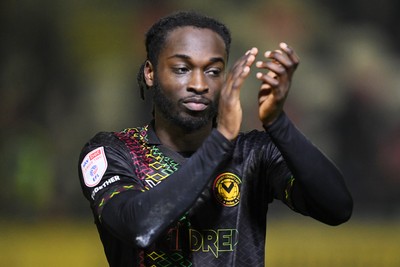 110225 - Newport County v Carlisle United - Sky Bet League 2 - Cameron Antwi of Newport County celebrates the win at full time  