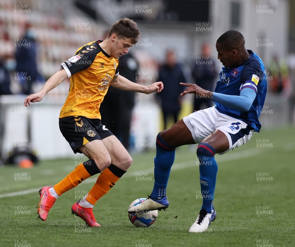 130421 - Newport County v Carlisle United - SkyBet League Two - Lewis Collins of Newport County is tackled by Aaron Hayden of Carlisle United