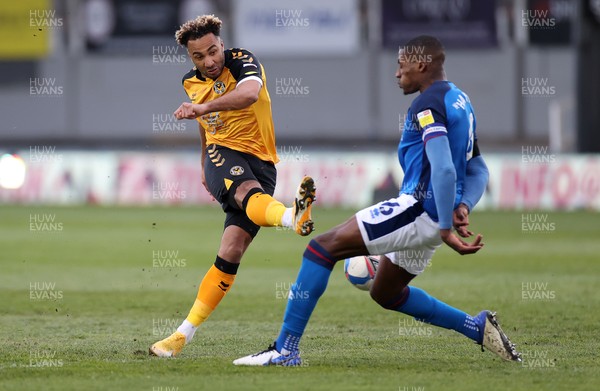 130421 - Newport County v Carlisle United - SkyBet League Two - Nicky Maynard of Newport County has his shot at goal blocked by Aaron Hayden of Carlisle United