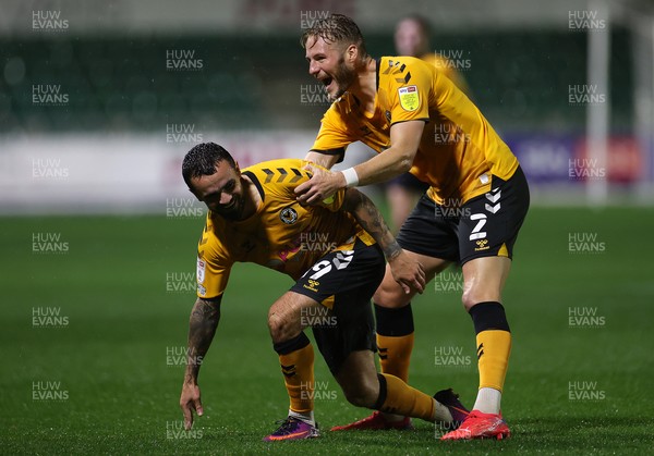 191021 - Newport County v Carlisle United - SkyBet League Two - Dom Telford of Newport County celebrates scoring a goal with Cameron Norman