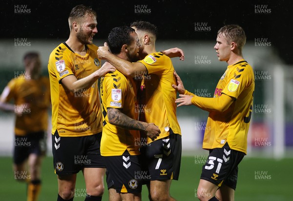 191021 - Newport County v Carlisle United - SkyBet League Two - Dom Telford of Newport County celebrates scoring a goal with team mates