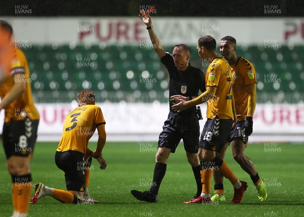 191021 - Newport County v Carlisle United - SkyBet League Two - Ryan Haynes of Newport County is given a red card by referee David Rock