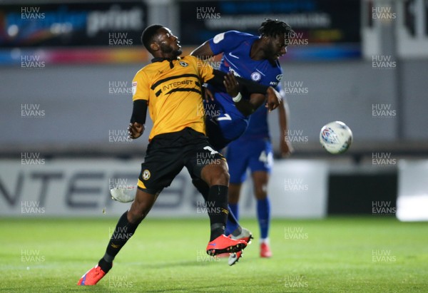 250918 - Newport County v Chelsea FC U21, Checkatrade Trophy - Jamille Matt of Newport County and Joseph Colley of Chelsea U21s compete for the ball