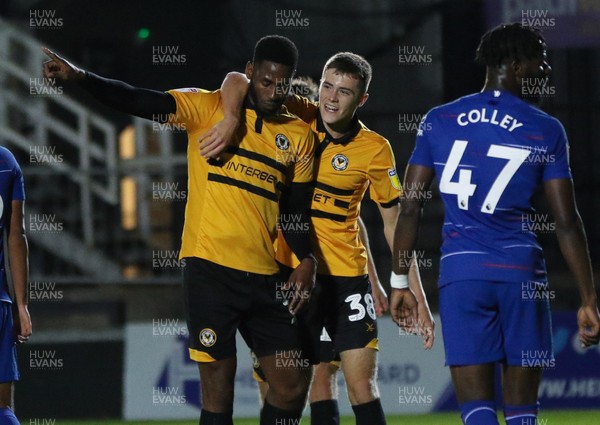 250918 - Newport County v Chelsea FC U21, Checkatrade Trophy - Jamille Matt of Newport County celebrates with Lewis Collins of Newport County after scoring goal