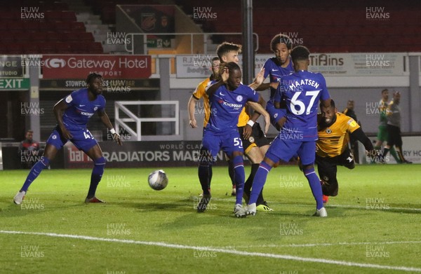 250918 - Newport County v Chelsea FC U21, Checkatrade Trophy - Jamille Matt of Newport County dives in and heads home as he scores the second goal