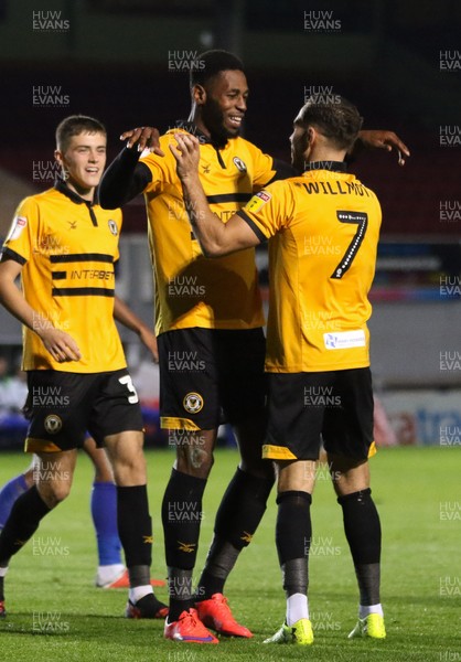 250918 - Newport County v Chelsea FC U21, Checkatrade Trophy - Jamille Matt of Newport County celebrates with Robbie Willmott of Newport County after he scores the second goal