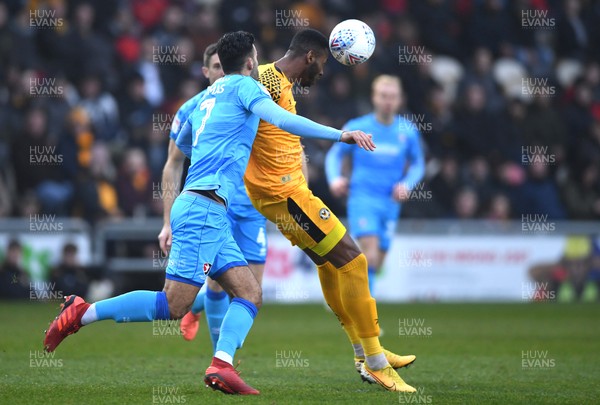 010120 - Newport County v Cheltenham Town - SkyBet League 2 - Jamille Matt of Newport County is tackled by Conor Thomas of Cheltenham Town