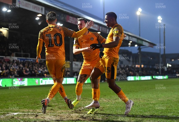 010120 - Newport County v Cheltenham Town - SkyBet League 2 - Tristan Abrahams (15) of Newport County celebrates scoring goal with Josh Sheehan (10) and George Nurse (16)