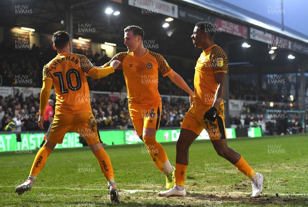 010120 - Newport County v Cheltenham Town - SkyBet League 2 - Tristan Abrahams (15) of Newport County celebrates scoring goal with Josh Sheehan (10) and George Nurse (16)