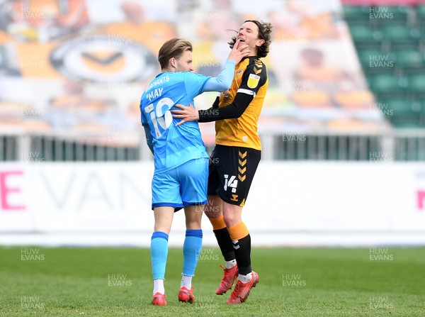 010521 - Newport County v Cheltenham Town - SkyBet League 2 - Alfie May of Cheltenham Town and Aaron Lewis of Newport County clash