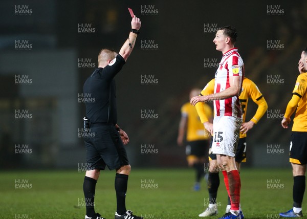 150319 - Newport County v Cheltenham Town, SkyBet League 2 - Will Boyle of Cheltenham Town is shown a red card by referee Lee Swabey after bringing down Jamille Matt of Newport County