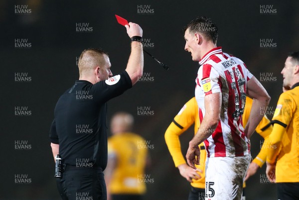 150319 - Newport County v Cheltenham Town, SkyBet League 2 - Will Boyle of Cheltenham Town is shown a red card by referee Lee Swabey after bringing down Jamille Matt of Newport County