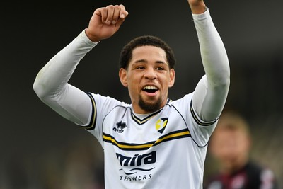 181025 - Newport County v Cheltenham Town - Sky Bet League 2 - Arkell Jude-Boyd of Cheltenham Town celebrates the win at full time