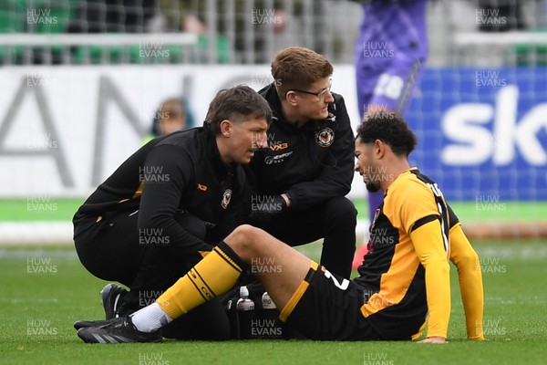 181025 - Newport County v Cheltenham Town - Sky Bet League 2 - Jaden Warner of Newport County goes down with an injury 