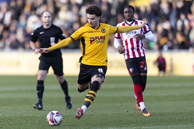 220225 - Newport County v Cheltenham Town - Sky Bet League 2 - Josh Martin of Newport County with a shot on goal