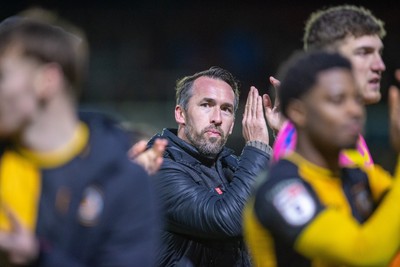 240126 - Newport County v Chesterfield - Sky Bet League 2 - Christian Fuchs, manager of Newport County applauds the fans