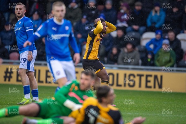 240126 - Newport County v Chesterfield - Sky Bet League 2 - Bobby Kamwa of Newport County rues a missed chance