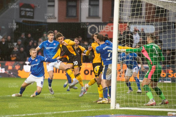 240126 - Newport County v Chesterfield - Sky Bet League 2 - Harrison Biggins of Newport County scores a goal