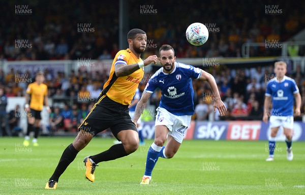 260817 - Newport County v Chesterfield - SkyBet League 2 - Joss Labadie of Newport County and Jak McCourt of Chesterfield compete