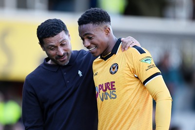 101026 - Newport County v Colchester United - Sky Bet League 2 - Newport County Head Coach, Hayden Mullins and Tanatswa Nyakuhwa of Newport County at full time