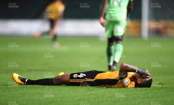 171017 - Newport County v Colchester United - SkyBet League 2 - Joss Labadie of Newport County lies injured on the ground