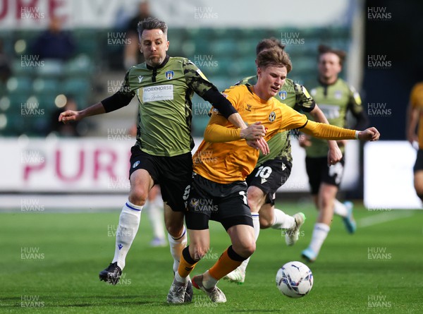 220422 - Newport County v Colchester United, Sky Bet League 2 - Rob Street of Newport County and Cole Skuse of Colchester United compete for the ball