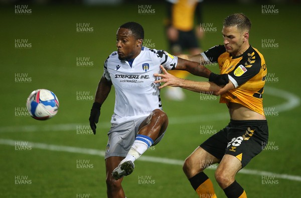 271020 - Newport County v Colchester United - SkyBet League Two - Callum Harriott Colchester United is challenged by Mickey Demetriou of Newport County