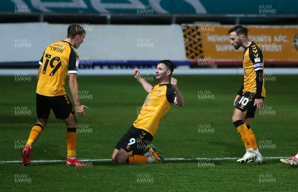 271020 - Newport County v Colchester United - SkyBet League Two - Padraig Amond of Newport County celebrates scoring a goal with team mates