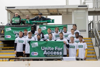 070326 - Newport County v Colchester United - Sky Bet League 2 -Newport County players show support for the EFL Unite for Access campaign 